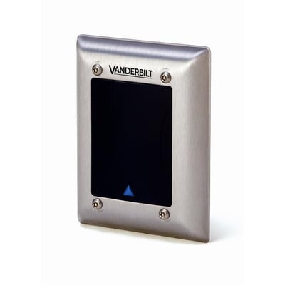 Vanderbilt HD500-EM kortlæser med sort front og rustfri stålramme, viser blå pil lys og skruer.