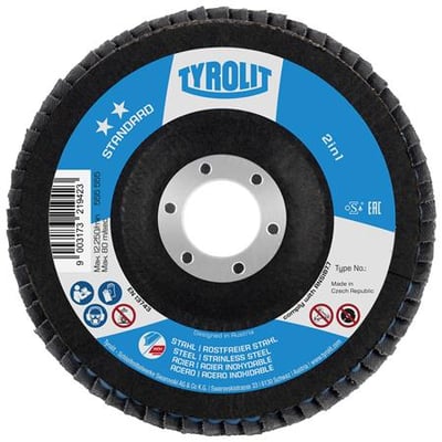 Tyrolit lamelrondel forsat, 150 mm, K60 og 2-i-1, set forfra med sort lamelslibeflade og blå mærkat.
