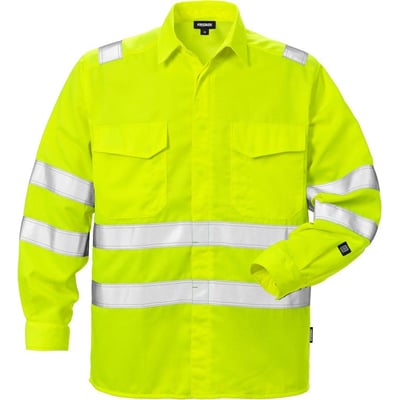 Fristads arbejdsskjorte 124176 i hi-vis gul med to brystlommer og reflekterende bånd på arme og krop.