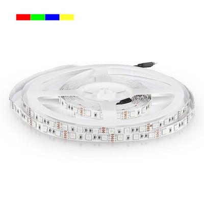 V-TAC VT-5050 blå LED-strip på 5 meter, rullet op på en hvid spole med farvefelter vist øverst.