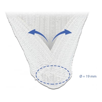 DeLock flettede strømpe med selvlukkende funktion og en diameter på 19 mm, der viser den åbne ende med pile, der indikerer lukning.