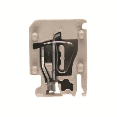 Weidmüller Bølgeklemme ZVL 1,5 i beige med synlig fjedertilslutning og metal kontakter på hvid baggrund.