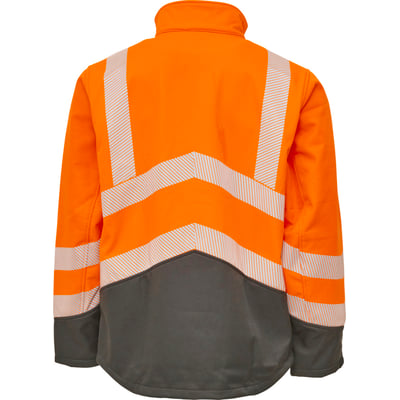ELKA softshell jakke i orange med reflekser og sort bund, vist bagfra i størrelse XL.