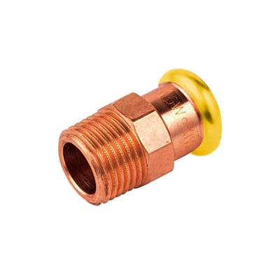 Unico overgangsnippel i kobber/messing med 15mm A-press muffe og 1/2" udvendigt gevind med gul HNBR O-ring.