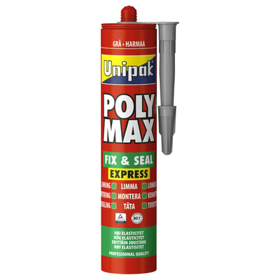 Rød patron med grå dyse med Unipak Poly Max Fix & Seal, grå fugemasse og lim på 425 g.