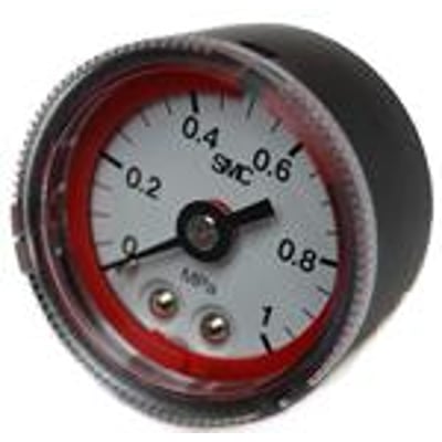 SMC manometer med 42,5 mm diameter, viser tryk op til 1,0 MPa på hvid urskive med rød kant og sort hus.