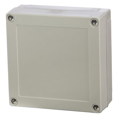 Fibox MNX indkapslingskasse i polycarbonat med gråt dæksel, 130x130x50 mm, vist forfra.