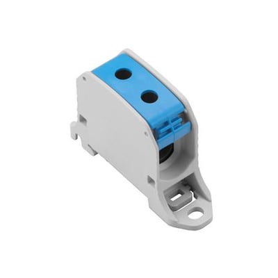 Weidmüller fordelerklemme WPD 130 1x50/1x50 i grå plast med blåt cover og skrueterminaler for 6-50mm² ledere.
