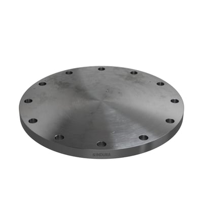 Indura blindflange DN300 PN10, 323,9 mm, set fra siden, viser tydeligt 'INDURA' logo indgraveret, 12 bolthuller.