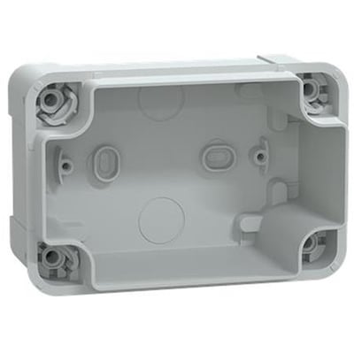 Schneider Electric Thalassa TBS ABS-kasse i grå, 125x80x65 mm, set indefra med monteringspunkter og afrundede hjørner.