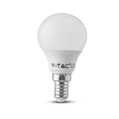 V-TAC 4W LED pære med E14 fatning og hvid, sfærisk glaskuppel, isoleret på hvid baggrund.
