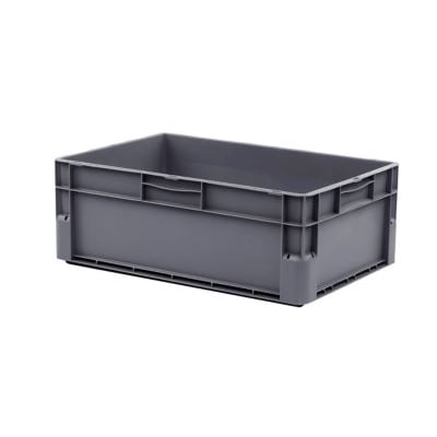 Grå EuroClick plastkasse på 600x400x235 mm, fremstillet i polypropylen med ergonomiske håndtag og stabelbare sider.
