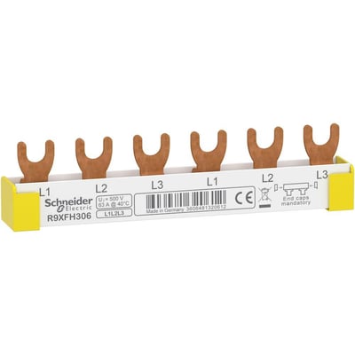 Nærbillede af Schneider Electric sløjfeskinne R9XFH306 med mærkninger L1, L2, L3, 63A og CE-logo.