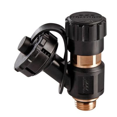Kemper aftapningsventil med 3/8" gevind og 3/4" afgang, udført i sort plast og rødgods.