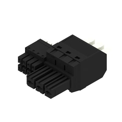 Weidmüller hybridstik til ledningsforbindelse, sort 3-polet model med PUSH IN-tilslutning og aktuator, set skråt forfra.