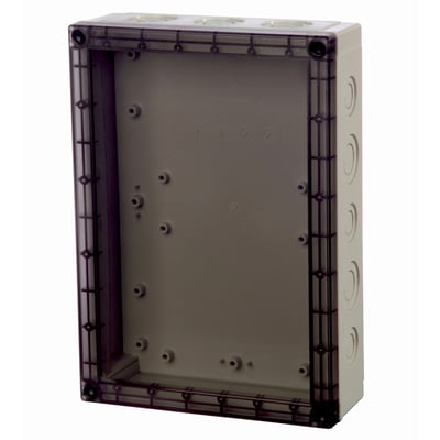 Fibox MNX monteringskasse i lys grå med transparent låg, 255 x 180 x 63 mm, vist med udstansninger til kabler.