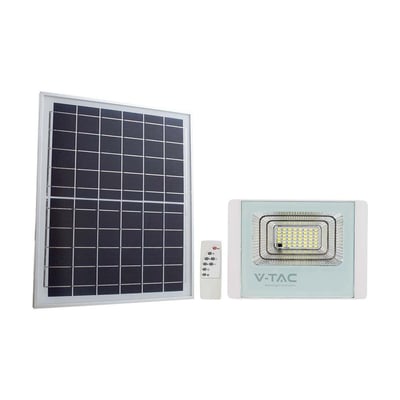 V-TAC 50W solpanel LED projektør med fjernbetjening og separat solpanel opstillet på hvid baggrund.