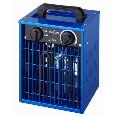 Blue Electric VB2 varmeblæser på 2000 W med blåt metalhus, sort bærehåndtag og betjeningsknapper, set skråt forfra.