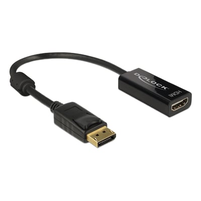 Sort Delock DisplayPort 1.2-til-HDMI-adapter med kort kabel, hanstik og HDMI-hunstik, passiv og 4K.