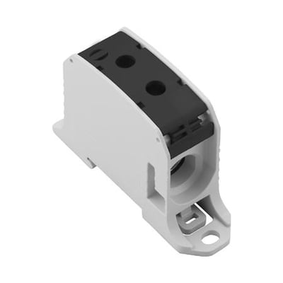 Weidmüller WPD 131 fordelerklemme i grå plast med sort cover og skrueterminaler for 10-95mm² ledere.