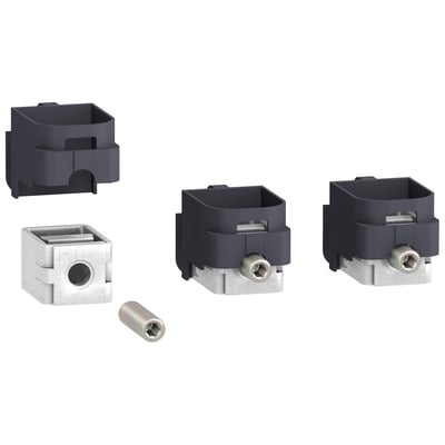 Schneider Electric klemmesæt til 1,5-95mm2 CU/AL kabler, viser 3 klemmer og en separat isoleringskappe og et skruestykke.