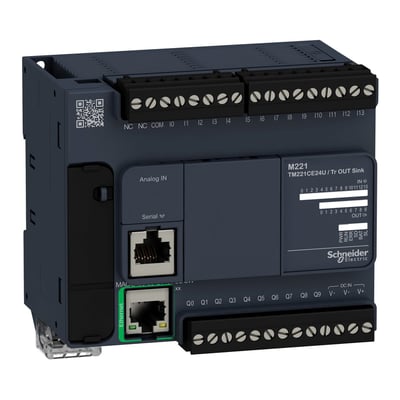 Schneider Electric Modicon M221 PLC med 14 digitale indgange, 2 analoge indgange og 10 digitale udgange samt Ethernet-port.