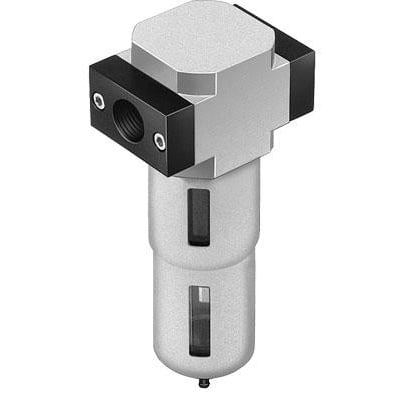 Festo micro filter LFMA-1/8-D-MINI-A i metal og sort plast med to synlige vinduer og 1/8" tilslutning.