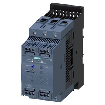 Siemens Sirius S3 soft starter 106A, 55kW, 400V, med 24V styrespænding og skruetilslutninger i blågrå plast.