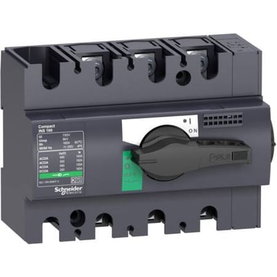 Schneider Electric Compact INS125 lastadskiller i grå plast med 3 poler og et sort drejegreb for betjening.