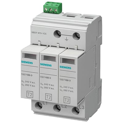 Siemens overspændingsafleder type 2, model 5SD7 473-1CC, 3-polet med grønne terminaler til fjernsignalkontakt og mærkninger for UC 260 V a.c.