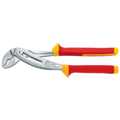 Klauke VDE-vandpumpetang i metal med røde og gule isolerede håndtag, tandet gribeflade og en spændvidde på 50 mm.