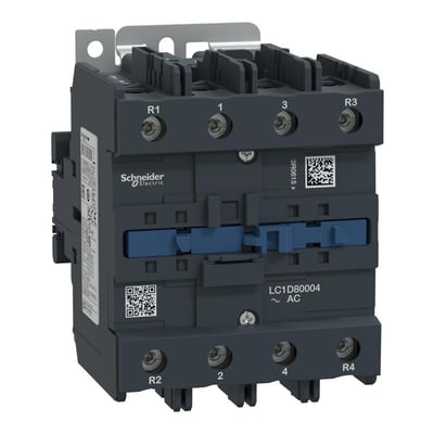 Schneider Electric TeSys D 4-polet kontaktor på 80A med 24V AC spole, vist fra siden med mærkat og QR-kode.