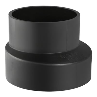 Geberit 125 x 90 mm excentrisk reduktion i sort PEH materiale, viser produktets form og Geberit logo.