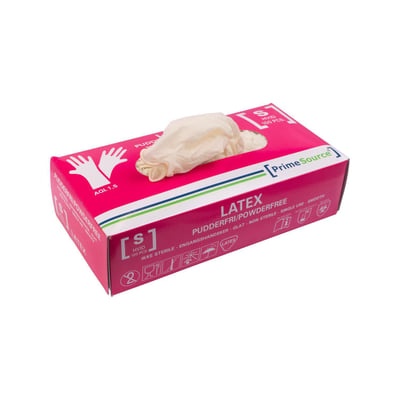 PrimeSource pudderfri latex engangshandske, hvid, str. S, 100 stk. i pakken, vist med emballage og enkelte handsker.