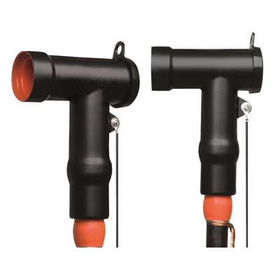 TE Connectivity skærmet kobling stik dobbelt T, vist fra to vinkler, med orange indvendig foring og sort ydre.