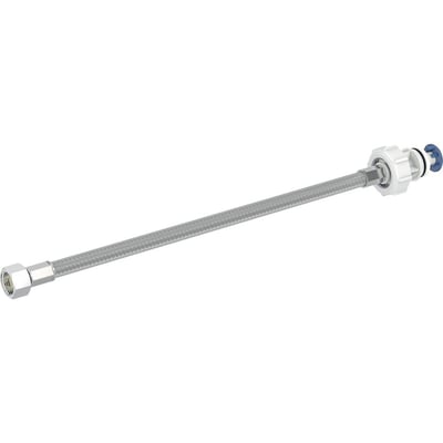 Geberit type 383 tilslutningsslange på 300 mm til Twinline indbygningscisterne, med grå slange og fittings i enderne.