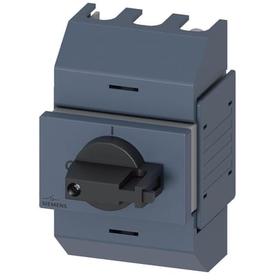 Detaljeret billede af Siemens 3-polet afbryder, 16A, der viser logo, betjeningshåndtag og grå box terminal.