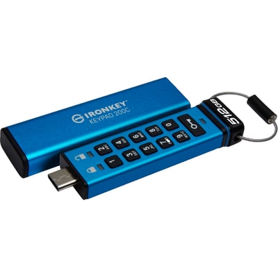 Kingston IronKey Keypad 200C 512GB USB-C drev med numerisk tastatur, FIPS 140-3 Level 3 og AES-256 kryptering i blå farve.