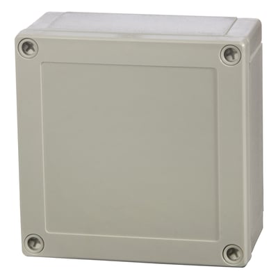 Fibox MNX polycarbonat kassebund i grå, 130x130x60 mm, med synlig skrue i hvert hjørne på et hvidt baggrund.