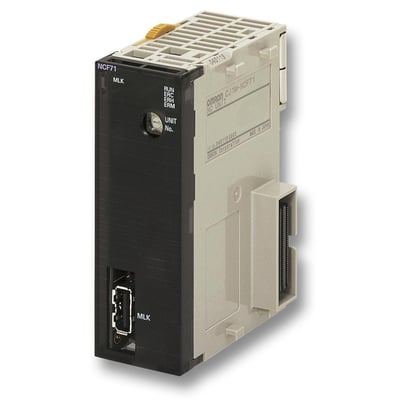 Omron CJ1W-NCF71 positionsstyreenhed med MECHATROLINK II og 2 akser, vist fra siden med fokus på tilslutningsport og mærkning.