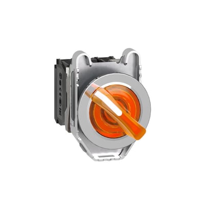 Nærbillede af Schneider Electric drejegreb med orange LED-lys, viser 24V mærkning og CE-certificeringer på bagsiden.
