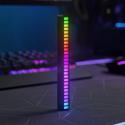 RGBIC musiklampe i mørkt rum, lyser op med farvede søjler foran et gaming-setup med tastatur og mus.
