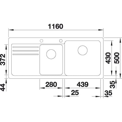 Teknisk tegning af Blanco Naya 8S UX køkkenvask i antracit SILGRANIT® med dimensioner 116x50 cm og to kummer.