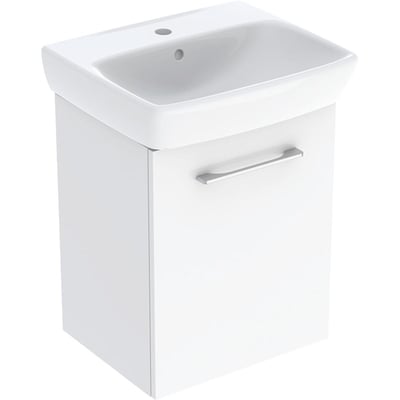 Geberit Selnova Square håndvask og underskab set fra siden, viser den blankpolerede hvide overflade og målene på 50 cm bredde.