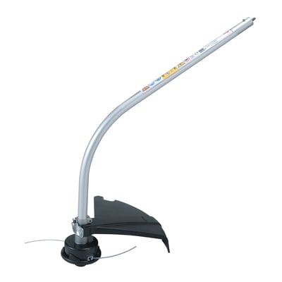 Makita trimmerforsats med buet, sølvfarvet skaft og sort beskyttelsesskærm, monteret med trimmerhoved.