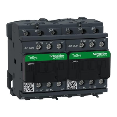 Schneider Electric TeSys D reverserende kontaktor med 9A strøm, 3P hovedkontakter, 2NO+2NC hjælpekontakter og 110V AC spole.