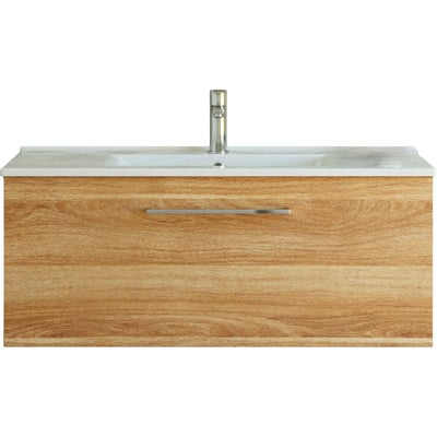 Dansani Mido 101 cm møbelpakke i varm eg med en skuffe og en hvid porcelænsvask med krom vandhane.