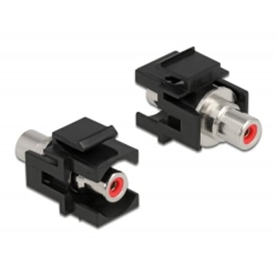 DeLock Keystone modul med RCA hunstik, sort. To moduler vises med standardiserede dimensioner til snap-in montering på hvid baggrund.