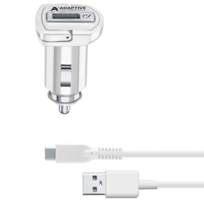 Nærbillede af Cellularline biloplader med USB-port og et hvidt USB-C til USB-A kabel på hvid baggrund.