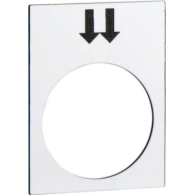 Schneider Electric skilt med to sorte pile pegende nedad og et cirkulært hul til en knap.